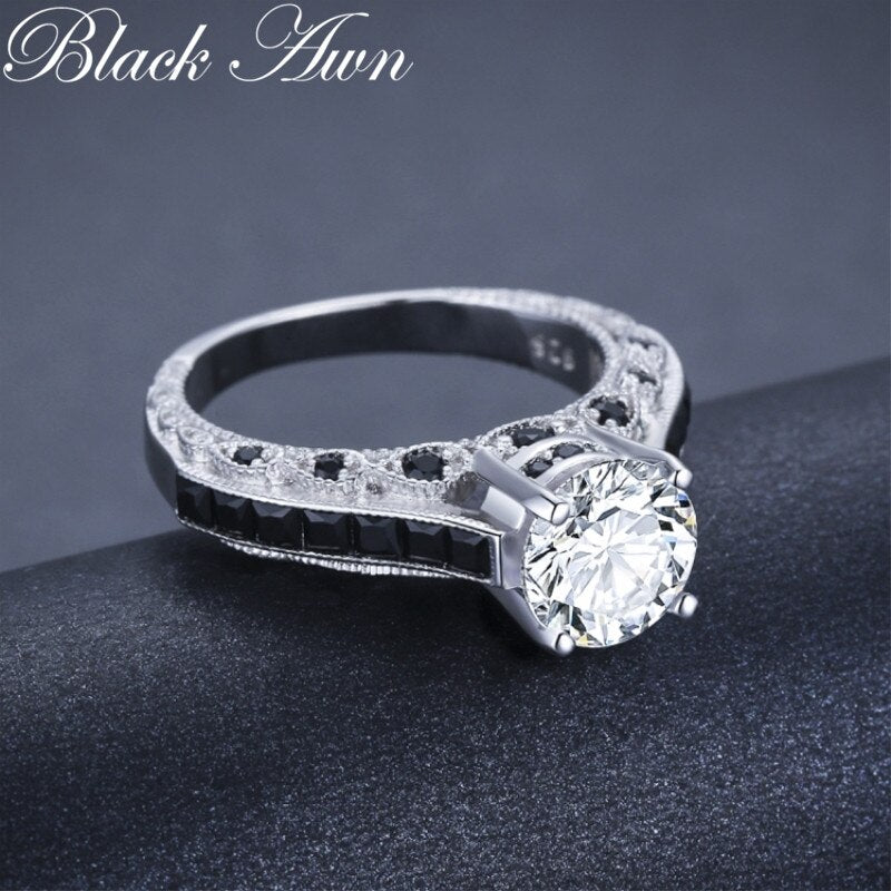 Black Awn 2022 New Luxurious Silver Color fashion jewelry Trendy Engagement Bague Black Spinel Leaf Women&#39;s Wedding Ring G015