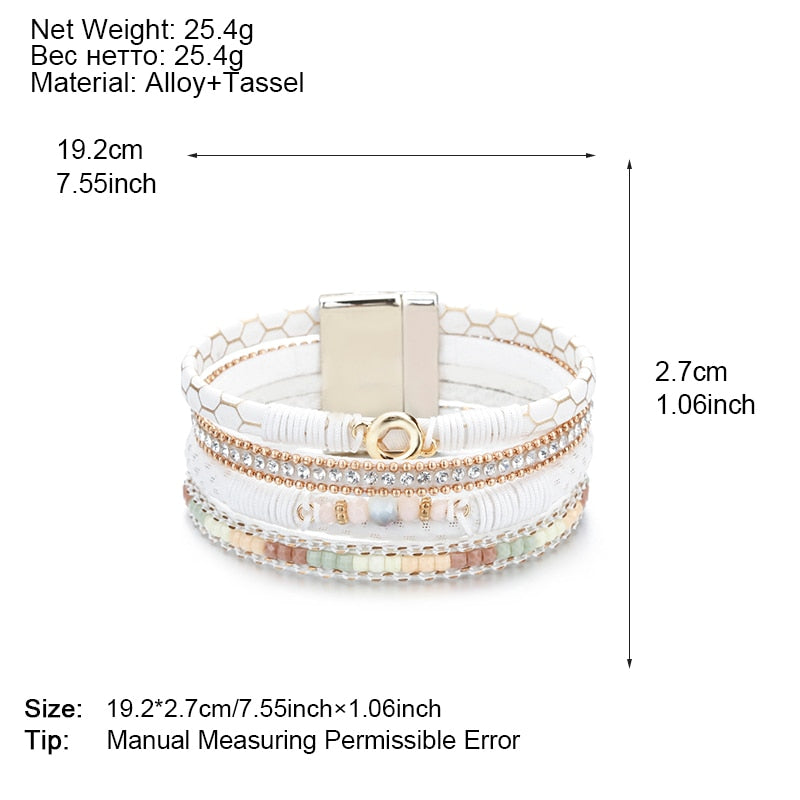 Amorcome White Leather Bracelets for Women Rhinestone Crystal Metal Charm Wide Multilayer Wrap Bracelets &amp; Bangles Jewelry