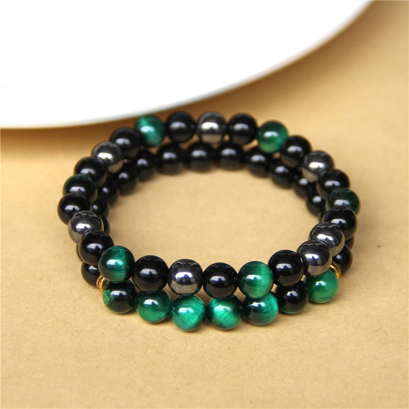 2pcs Men Bracelets Beads Natural Stone Black Onyx&amp;Tiger Eye&amp;Hematite Stone Bracelets for Women Men No Magnetic Bracelet