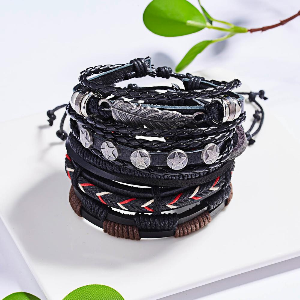 Men Bracelets Vintage Multilayer Leather Braid Bracelets Bangles Star Leaf Owl Handmade Rope Wrap Bracelets Male Gift Jewlery