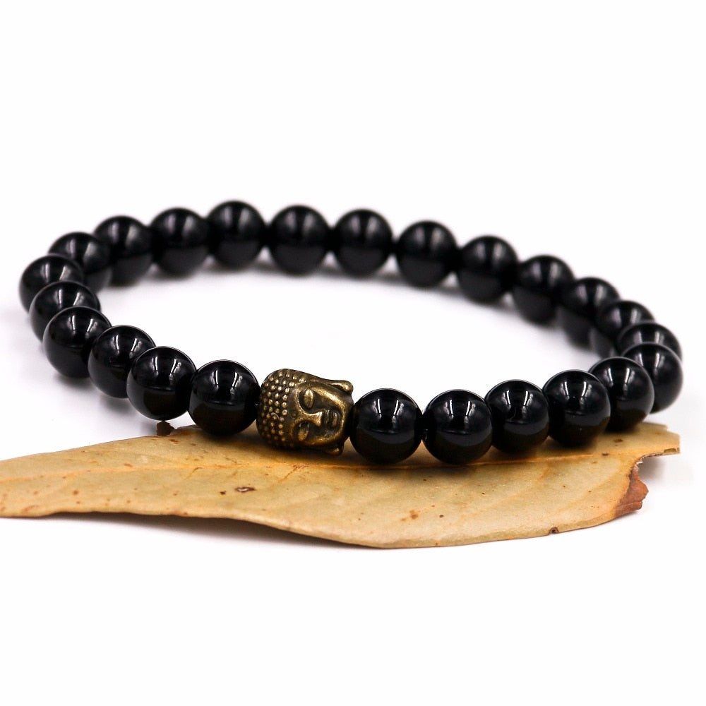 2Pcs 8MM Black Onyxl Natural Stone Bracelets Pendent Charm Bracelets For Men Jewelry Gift Buddha Strand Bracelets Women