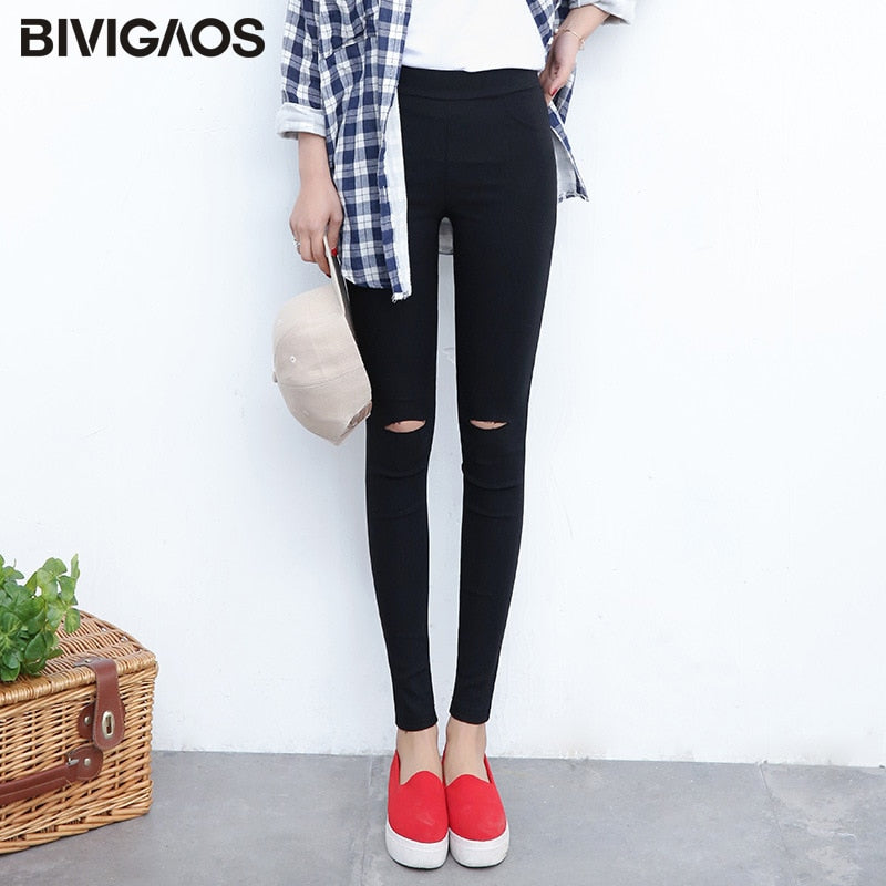 BIVIGAOS Korean Women&#39;s Knee Ripped Hole Pencil Pants Slim Skinny Thin Stretch Woven Leggings Trousers Women Jeggings Pantalon