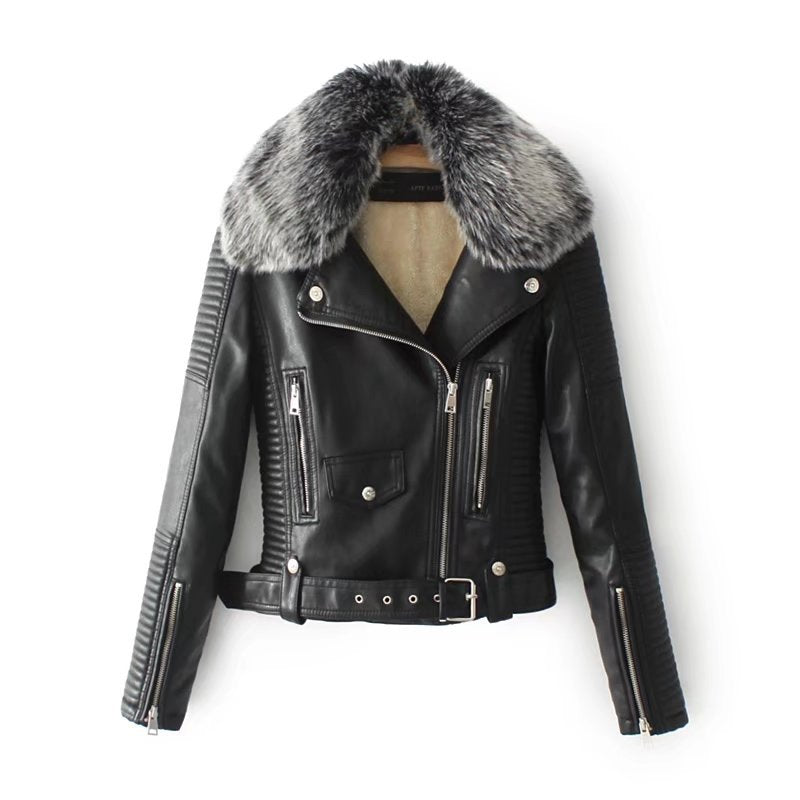 Ladies' Black Leather Jackets 2018 New Autumn Winter Faux Lambs Warm Pvc Coat Woman Slim Long Sleeved Motorcycle Bikers Jacket