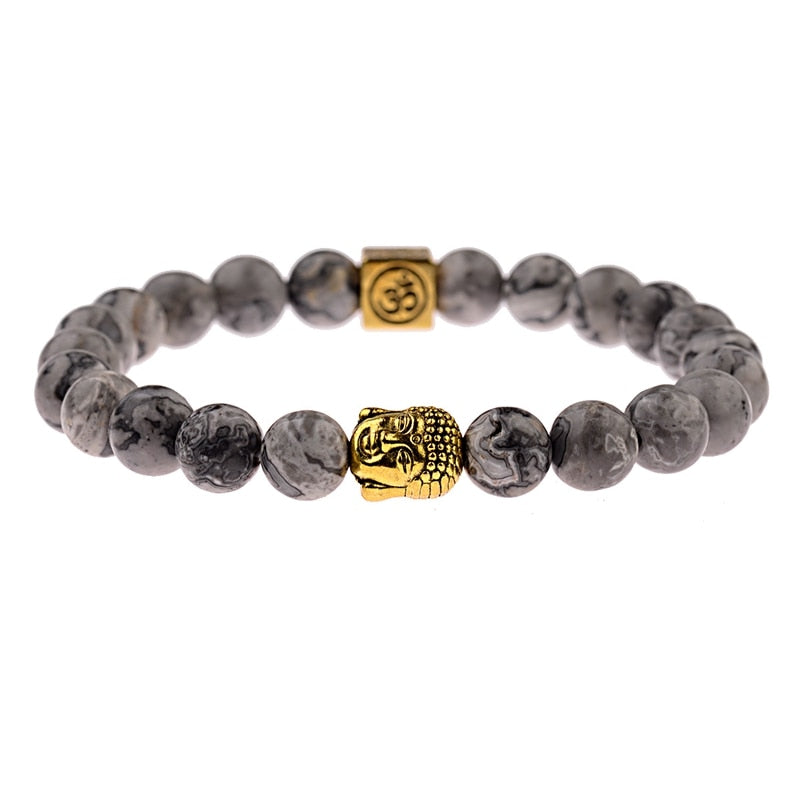 Charm Buddha&amp;Evil Eye Bracelet Women 8mm Elastic Round Bright Black Stone Chakra Bracelets Men Erkek Bileklik Homme