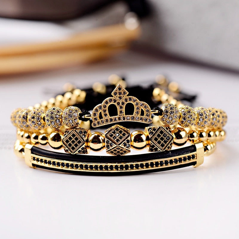 Luxury CZ King Crown Charm Men&#39;s Copper Bead Macrame Bracelets Fashion Geometric Long Tube Set Bracelets&amp;Bangles For Women