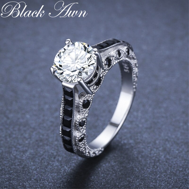 Black Awn 2022 New Luxurious Silver Color fashion jewelry Trendy Engagement Bague Black Spinel Leaf Women&#39;s Wedding Ring G015