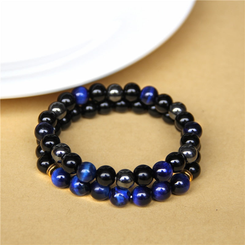 2pcs Men Bracelets Beads Natural Stone Black Onyx&amp;Tiger Eye&amp;Hematite Stone Bracelets for Women Men No Magnetic Bracelet