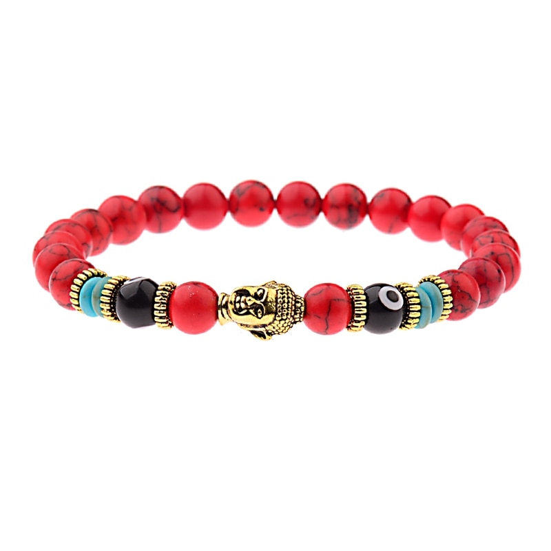 Charm Buddha&amp;Evil Eye Bracelet Women 8mm Elastic Round Bright Black Stone Chakra Bracelets Men Erkek Bileklik Homme