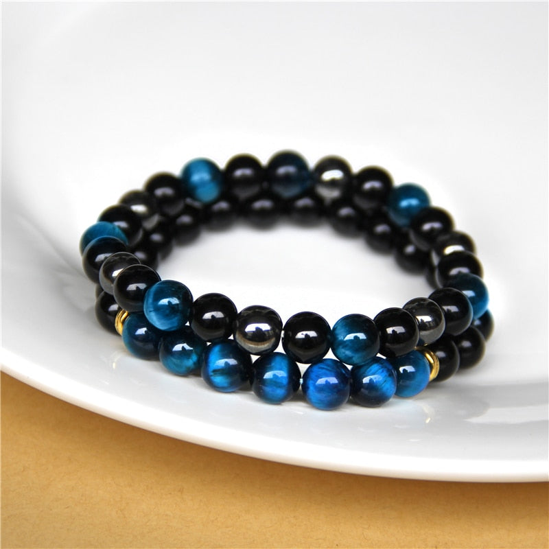 2pcs Men Bracelets Beads Natural Stone Black Onyx&amp;Tiger Eye&amp;Hematite Stone Bracelets for Women Men No Magnetic Bracelet