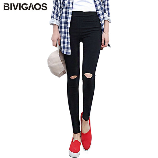 BIVIGAOS Korean Women&#39;s Knee Ripped Hole Pencil Pants Slim Skinny Thin Stretch Woven Leggings Trousers Women Jeggings Pantalon