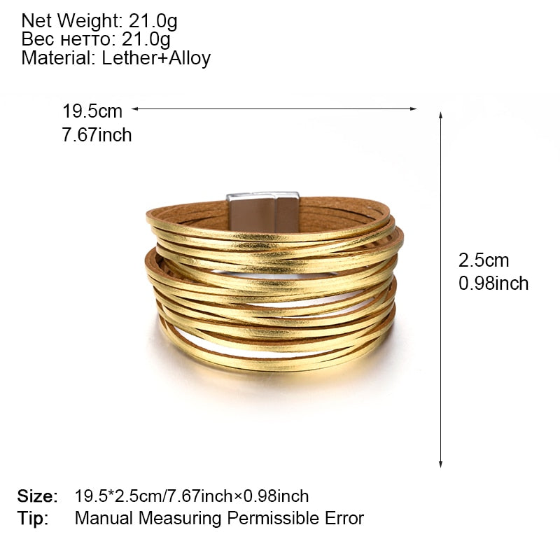 Amorcome Gold Color Leather Bracelets for Women Multilayers Wide Wrap Bracelets &amp; Bangles Female Party Jewelry Gift