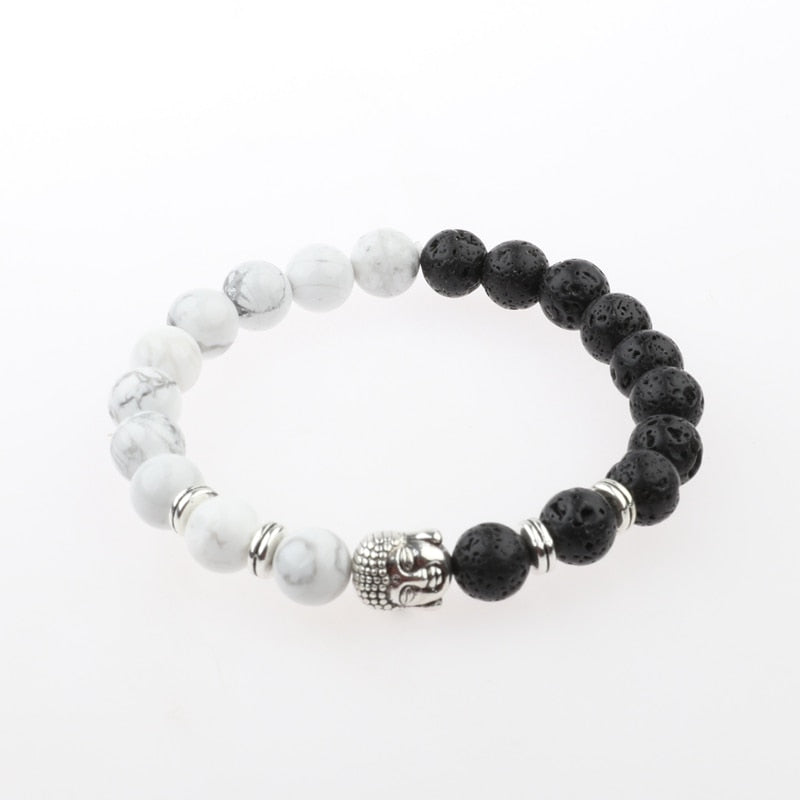 Charm Buddha&amp;Evil Eye Bracelet Women 8mm Elastic Round Bright Black Stone Chakra Bracelets Men Erkek Bileklik Homme