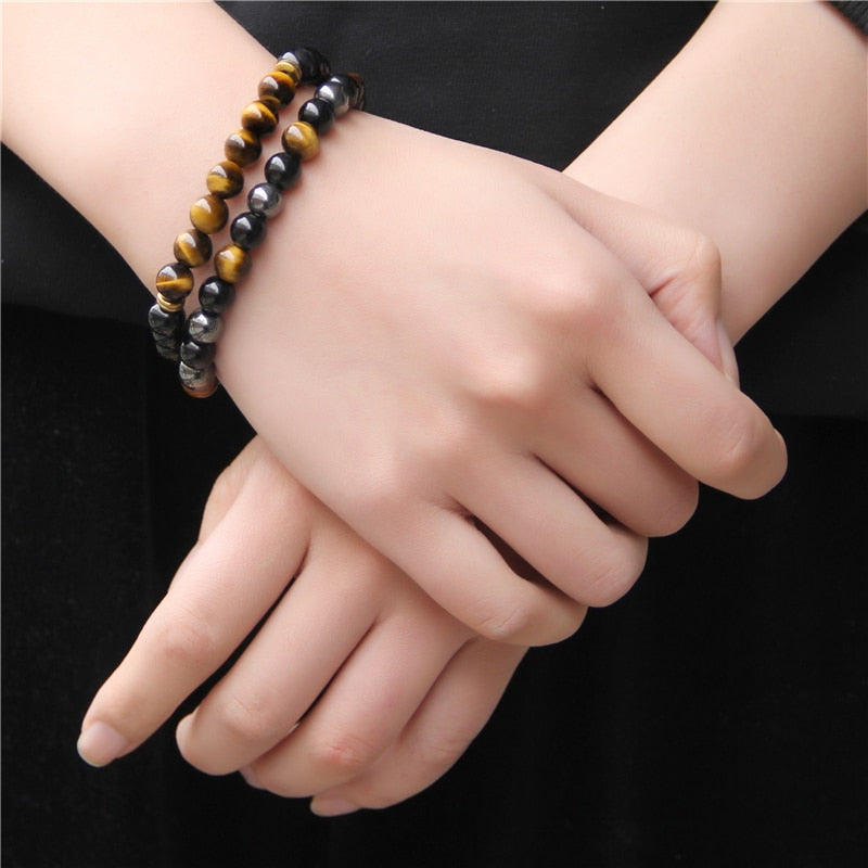 2pcs Men Bracelets Beads Natural Stone Black Onyx&amp;Tiger Eye&amp;Hematite Stone Bracelets for Women Men No Magnetic Bracelet