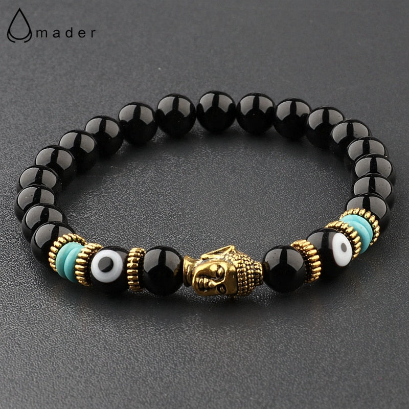 Charm Buddha&amp;Evil Eye Bracelet Women 8mm Elastic Round Bright Black Stone Chakra Bracelets Men Erkek Bileklik Homme