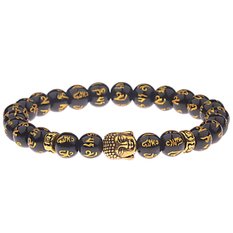 Charm Buddha&amp;Evil Eye Bracelet Women 8mm Elastic Round Bright Black Stone Chakra Bracelets Men Erkek Bileklik Homme