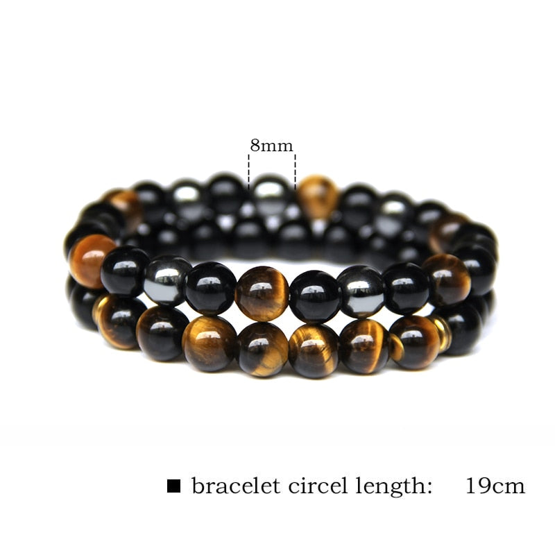 2pcs Men Bracelets Beads Natural Stone Black Onyx&amp;Tiger Eye&amp;Hematite Stone Bracelets for Women Men No Magnetic Bracelet