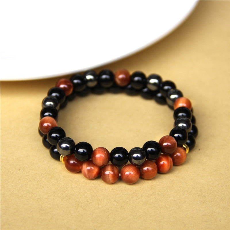 2pcs Men Bracelets Beads Natural Stone Black Onyx&amp;Tiger Eye&amp;Hematite Stone Bracelets for Women Men No Magnetic Bracelet