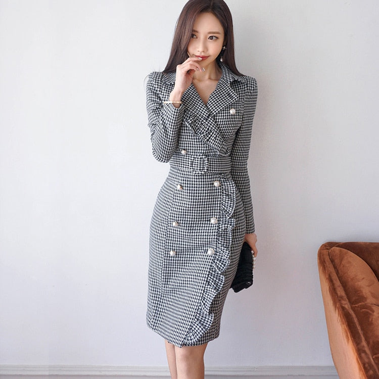 New Arrival Women's Dresses Trench Coat Straight Plaid Sweet Ruffles Elegance Turn-Down Collar Full Sleeve Clothing D87001Y