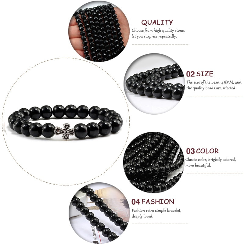 Trendy Jesus Cross Volcanic Stone Men Stretch Bracelets Matte Black Lava 8MM Beads Energy Yoga Bracelets &amp; Bangles Women Jewelry