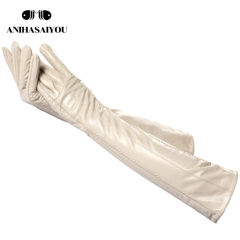 Fashion beige long leather gloves,high-grade long leather gloves women,winter genuine sheepskin women&#39;s long gloves - CSD2-50CM