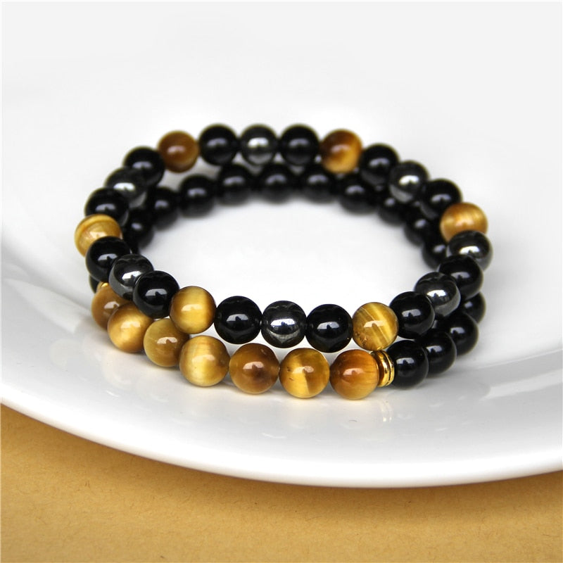 2pcs Men Bracelets Beads Natural Stone Black Onyx&amp;Tiger Eye&amp;Hematite Stone Bracelets for Women Men No Magnetic Bracelet