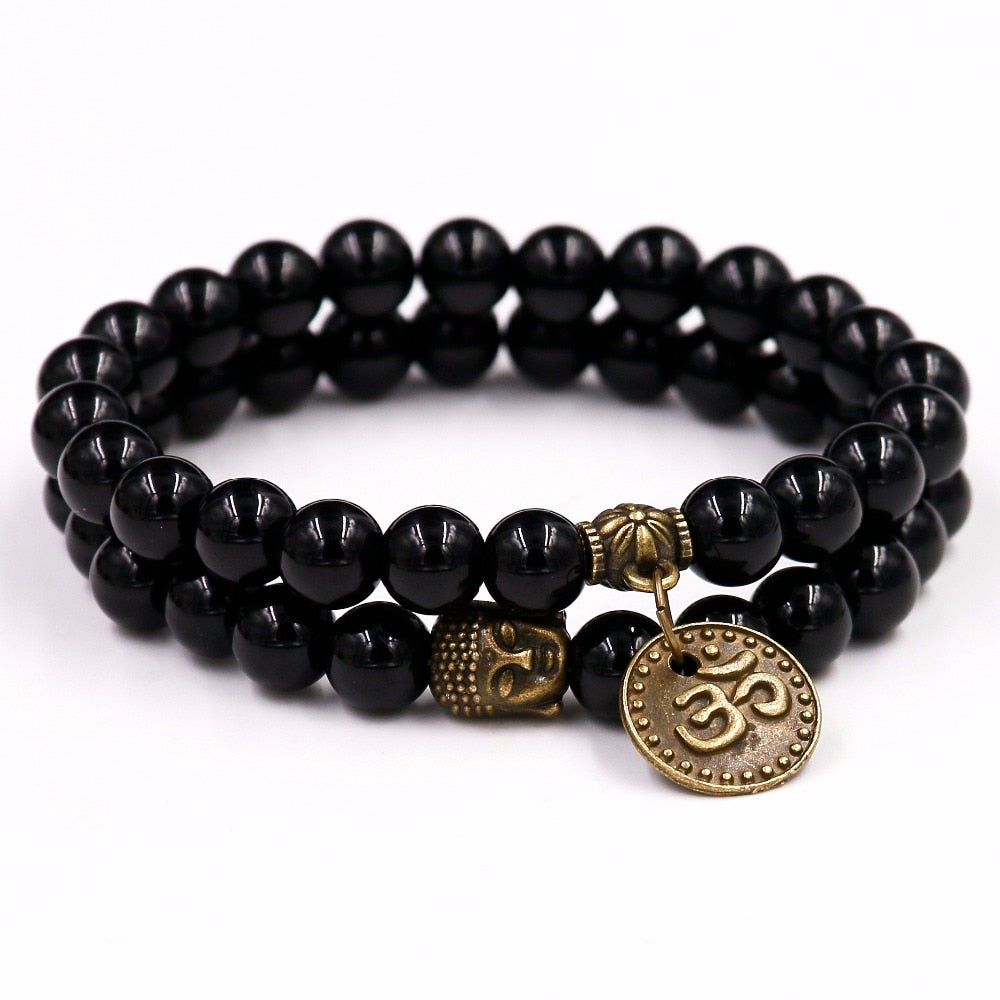 2Pcs 8MM Black Onyxl Natural Stone Bracelets Pendent Charm Bracelets For Men Jewelry Gift Buddha Strand Bracelets Women