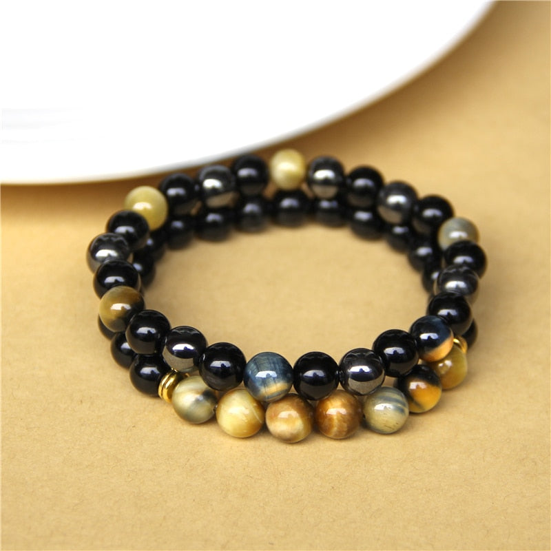 2pcs Men Bracelets Beads Natural Stone Black Onyx&amp;Tiger Eye&amp;Hematite Stone Bracelets for Women Men No Magnetic Bracelet