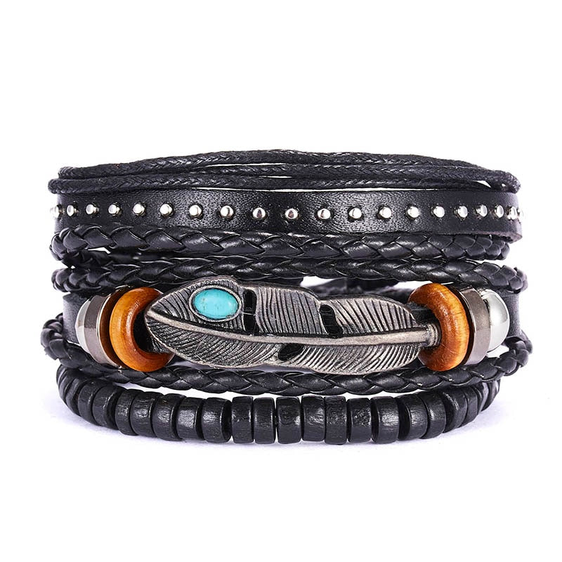 Men Bracelets Vintage Multilayer Leather Braid Bracelets Bangles Star Leaf Owl Handmade Rope Wrap Bracelets Male Gift Jewlery