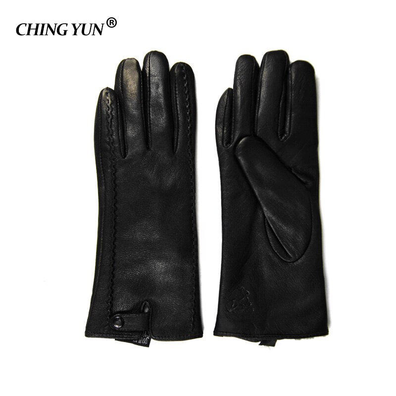 New Women&#39;s Gloves Genuine Leather Winter Warm Fluff Woman Soft Female Rabbit Fur Lining Riveted Clasp High-quality Mittens