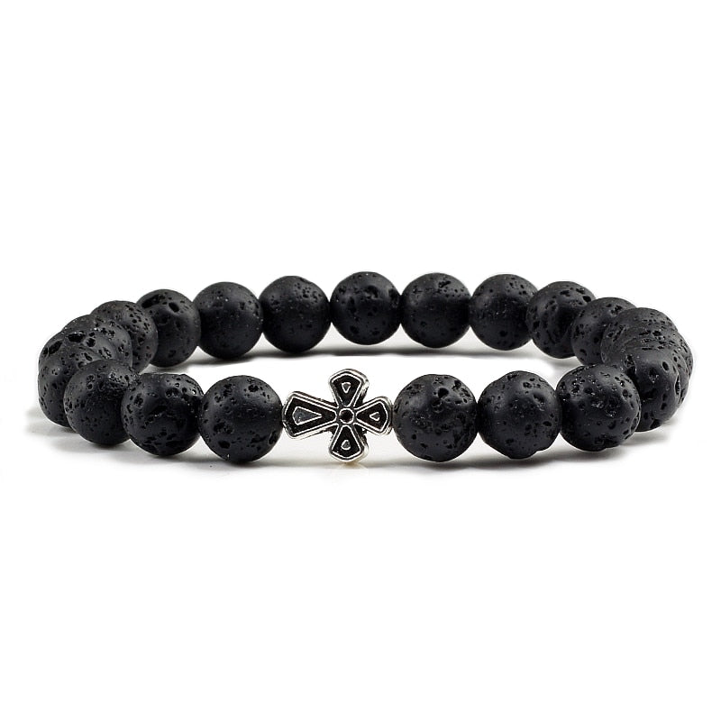 Trendy Jesus Cross Volcanic Stone Men Stretch Bracelets Matte Black Lava 8MM Beads Energy Yoga Bracelets &amp; Bangles Women Jewelry