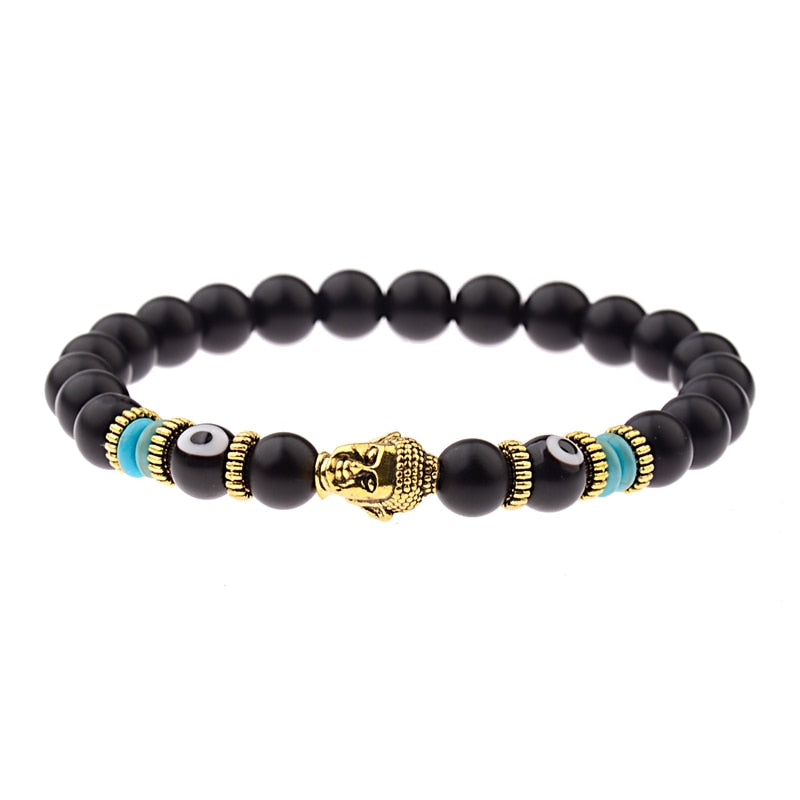 Charm Buddha&amp;Evil Eye Bracelet Women 8mm Elastic Round Bright Black Stone Chakra Bracelets Men Erkek Bileklik Homme