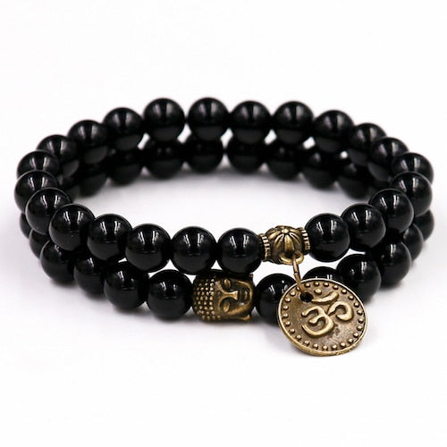 2Pcs 8MM Black Onyxl Natural Stone Bracelets Pendent Charm Bracelets For Men Jewelry Gift Buddha Strand Bracelets Women