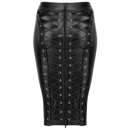 PU Leather Skirt up Zipper Bandage Bodycon Faux Leather 2021 Back Lace Womens Ladies Knee Length Wet Look Plus Size Black Style