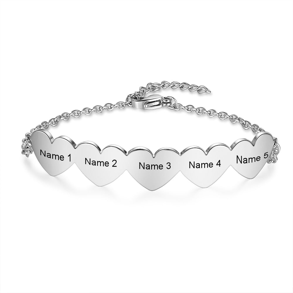 JewelOra Customized 2-5 Hearts Charm Bracelets  for Women Stainless Steel Personalized Engraved Bracelets Custom Jewelry Gifts