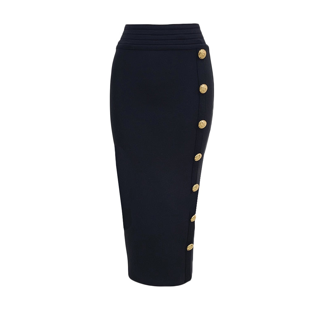 2023 Summer Elegant Midi Pencil Skirt High Waist Bandage Skirt Black Elastic Bandage Skirts Button Women Clothes