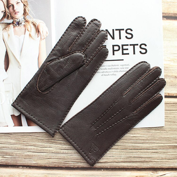 New women's deerskin gloves leather color fashion wool knitted lining hand-stitched outdoor driving and cycling warm gloves