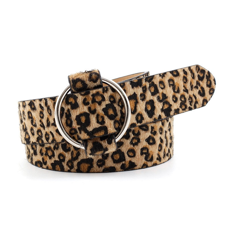 Women's Circle buckle Non-porous PU Leather Belt Leopard print Snakeskin pattern Zebra pattern Teen student fashion waistband 92