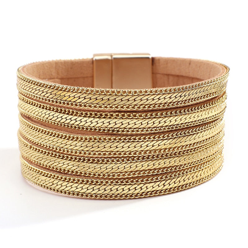 Flashbuy Bohemia Gold Color Leather Bangle Bracelets for Women Charm Fashion Alloy Bangles Jewelry Magnetic Clasp  Accessories