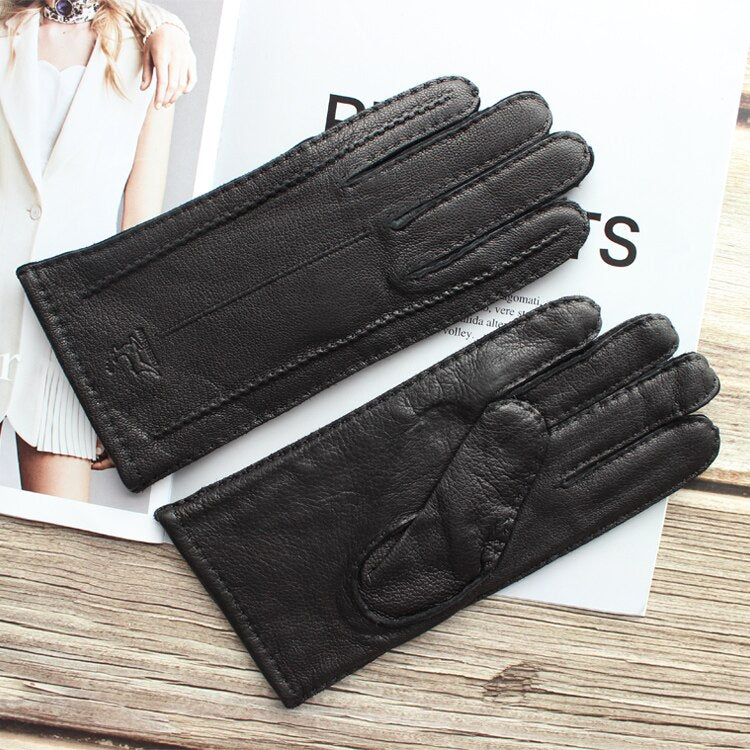 New women's deerskin gloves leather color fashion wool knitted lining hand-stitched outdoor driving and cycling warm gloves