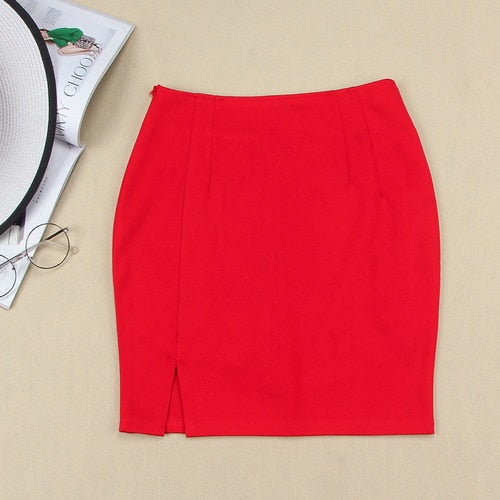 WERUERUYU 2020 New Fashion Women Office Formal Pencil Skirt Spring Summer Elegant Slim Front Slit Midi Black/Red OL S