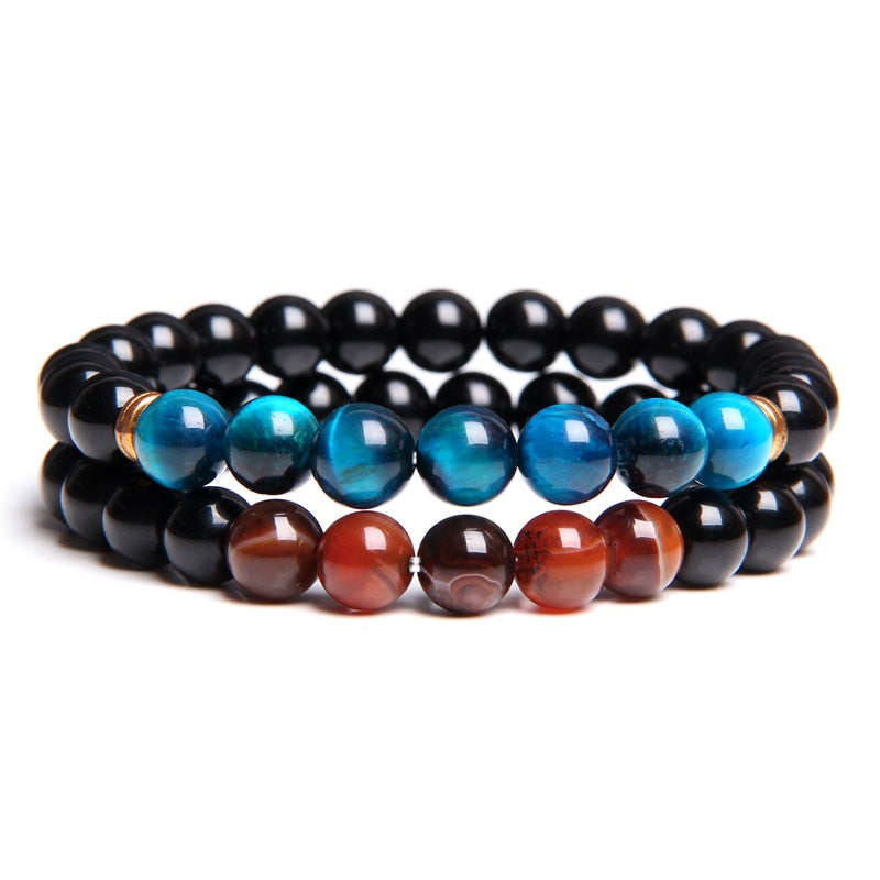 2pcs Men Bracelets Beads Natural Stone Black Onyx&amp;Tiger Eye&amp;Hematite Stone Bracelets for Women Men No Magnetic Bracelet