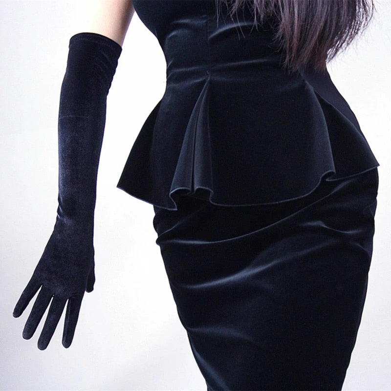 Gold Velvet Long Gloves Autumn Winter Dinner Dress Women&#39;s Gloves Black Velvet Elastic Warm Christmas Halloween Party Gloves