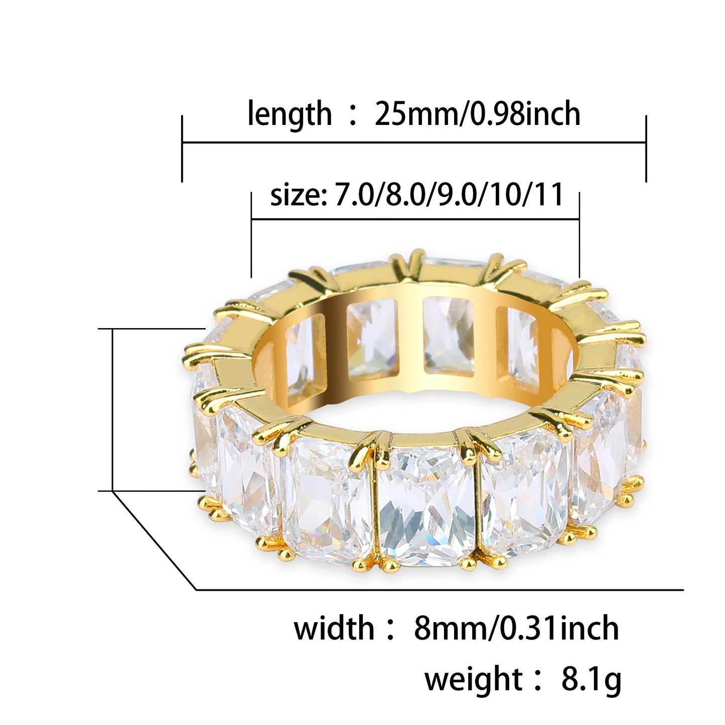 TOPGRILLZ 1 Row Solitaire Tennis Men&#39;s Ring Copper Charm Baguette Cubic Zircon Iced Ring Fashion Hip Hop Jewelry For Gifts