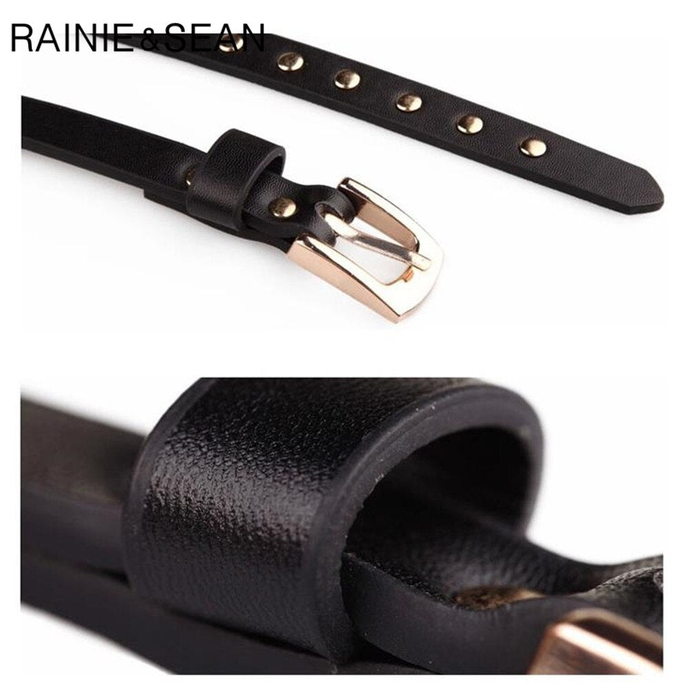 RAINIE SEAN Punk Rock Belts for Women Black Rivet Women Belt Streetwear Thin Extra Long 190cm Ladies Pin Buckle Leather Belt