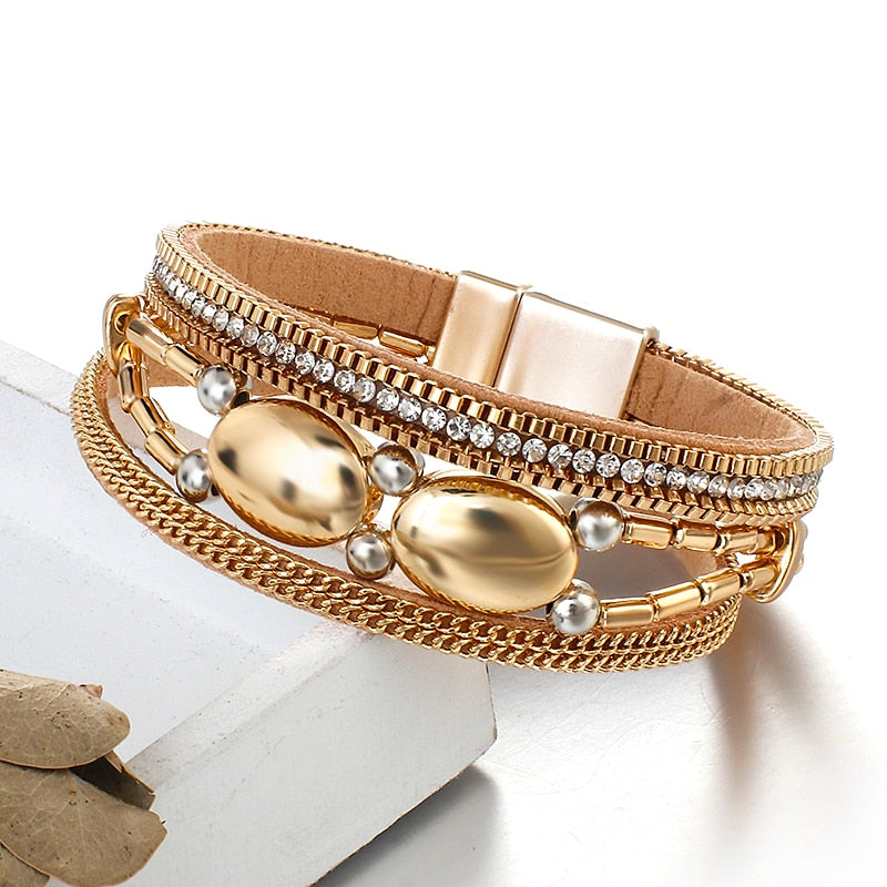 Flashbuy Bohemia Gold Color Leather Bangle Bracelets for Women Charm Fashion Alloy Bangles Jewelry Magnetic Clasp  Accessories