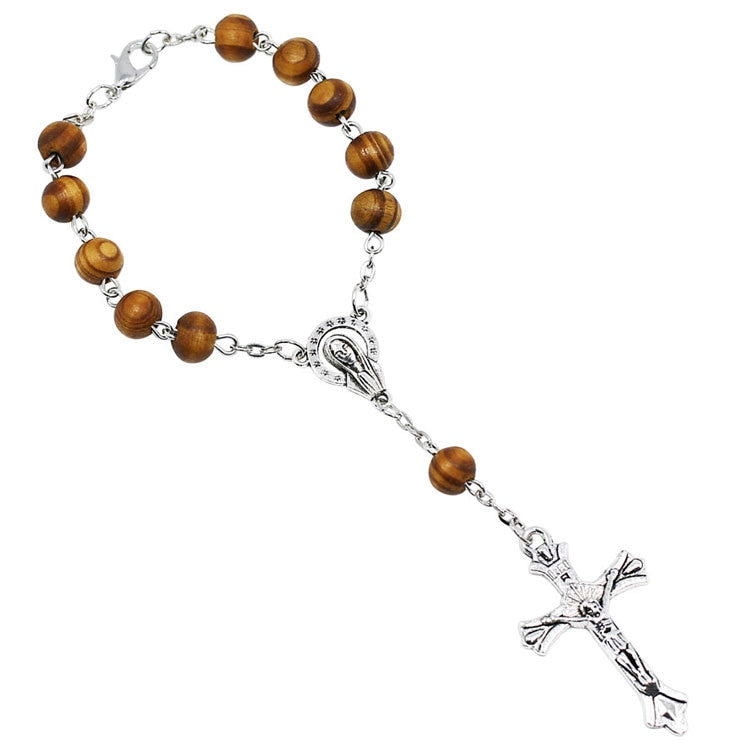 Komi Catholic Rosary White Imitation Pearls Beaded Cross Bracelets Women Christ Jesus Virgin Mary Praying Chains Bracelets R-307