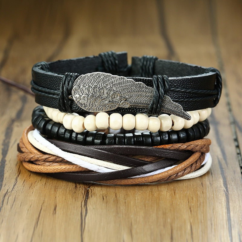 Vnox Assorted Men's Bracelets Set 4pcs Mixed Leather Wrap Bracelet Black Brown Bangles Punk Male Rock Accessory