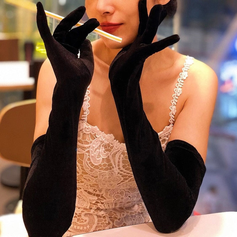 Gold Velvet Long Gloves Autumn Winter Dinner Dress Women&#39;s Gloves Black Velvet Elastic Warm Christmas Halloween Party Gloves