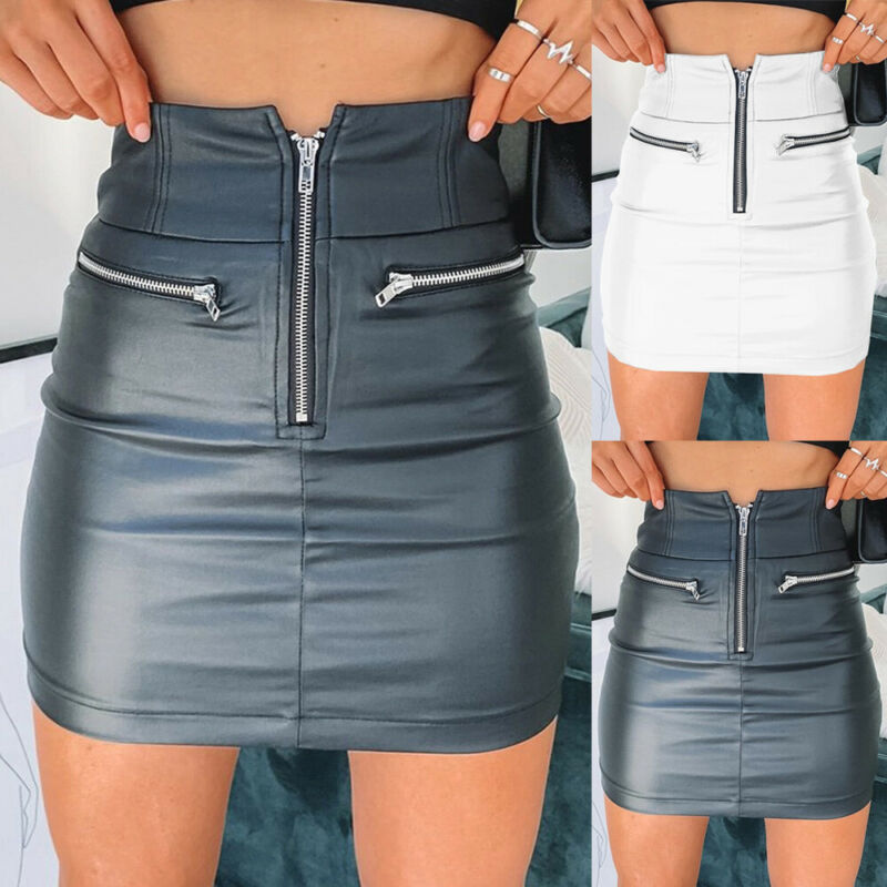 Womens PU Leather Zipper Skirt High Waist Pencil Evening Party Club Wear Fashion Bodycon Short Mini Skirt