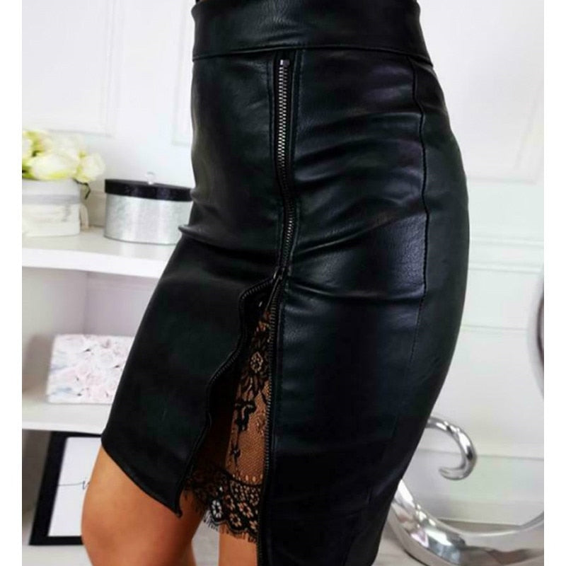 New Fashion Women Office Elegant Mini Skirts Lace patchwork Lady High waist PU Leather Zipper Skirts Split Bodycon Party Clothes